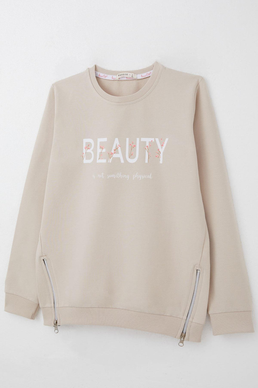 BRE Breeze Girl's Sweatshirt with Printed Writing, Zipper Detail on the Sides, 94 Years, Beige - Peristéri