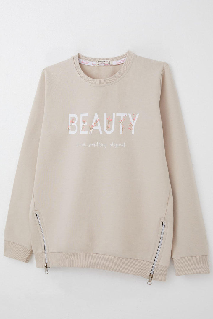 BRE Breeze Girl's Sweatshirt with Printed Writing, Zipper Detail on the Sides, 94 Years, Beige - Peristéri