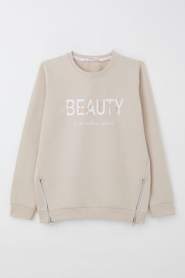 BRE Breeze Girl's Sweatshirt with Printed Writing, Zipper Detail on the Sides, 94 Years, Beige - Peristéri