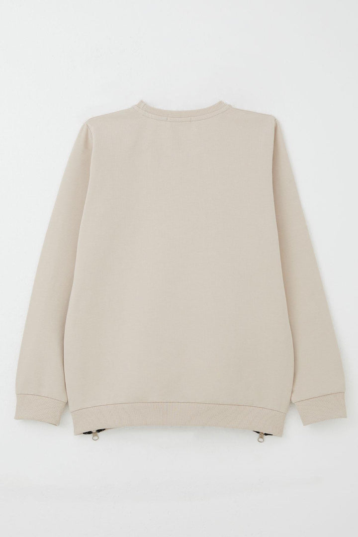 BRE Breeze Girl's Sweatshirt with Printed Writing, Zipper Detail on the Sides, 94 Years, Beige - Peristéri