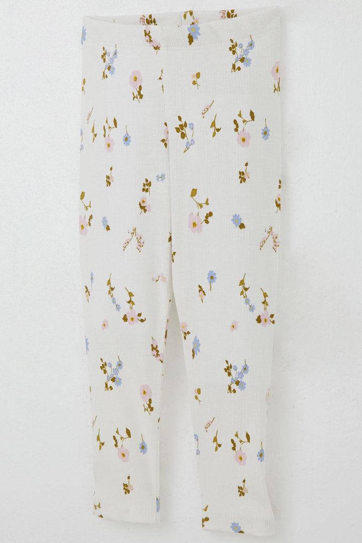 BRE Breeze Girl's Legging Set with Flower Patterned Frilly Shoulders, 2-6 Years, Beige - Soria