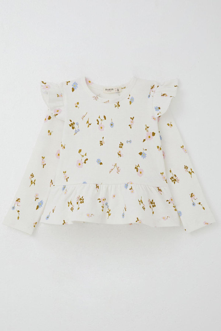 BRE Breeze Girl's Legging Set with Flower Patterned Frilly Shoulders, 2-6 Years, Beige - Soria