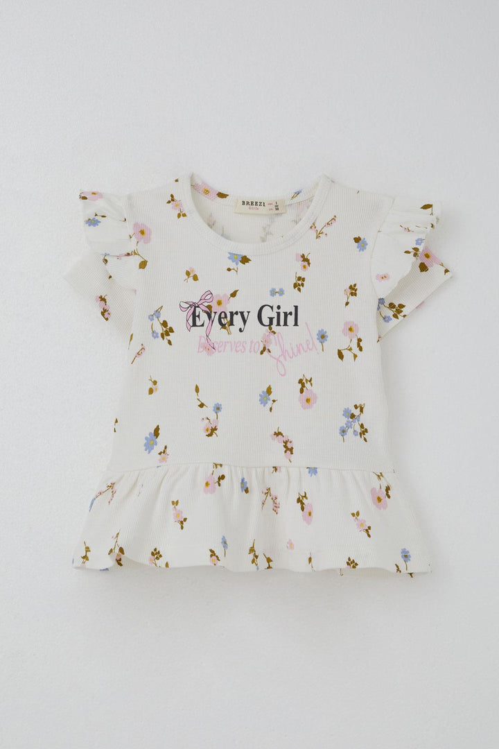 BRE Breeze Girl Child Leggings Set with Flower Patterned Ruffled Sleeves Detail 2-6 Years, Ecru - Bangor