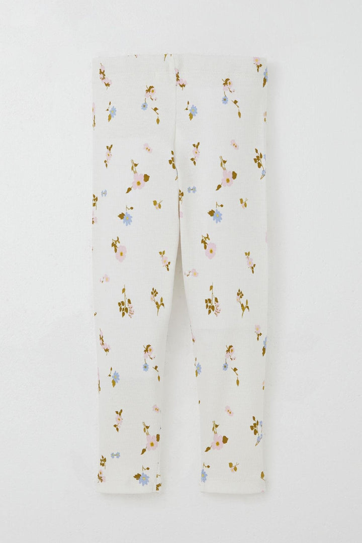 BRE Breeze Girl's Legging Set with Flower Patterned Frilly Shoulders, 2-6 Years, Beige - Soria