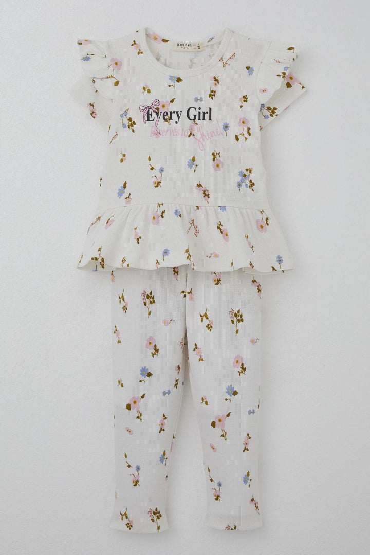BRE Breeze Girl Child Leggings Set with Flower Patterned Ruffled Sleeves Detail 2-6 Years, Ecru - Bangor