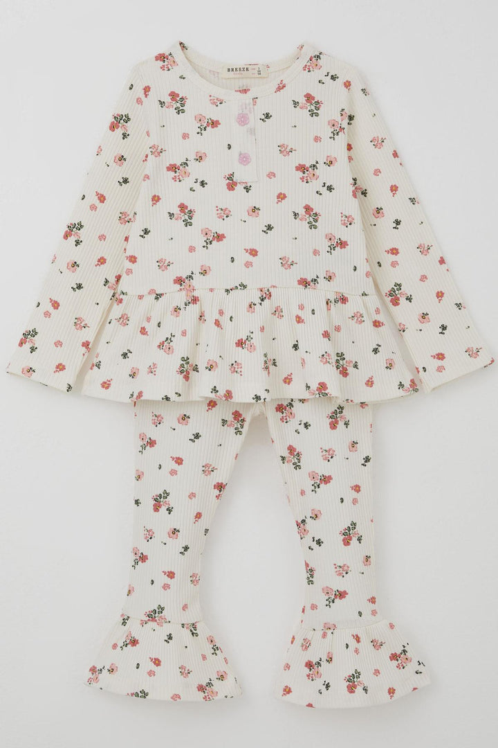 BRE Breeze Girl Child Leggings Set with Flower Patterned Hem Ruffle Detail 3-7 Years, Beige - Oro Valley
