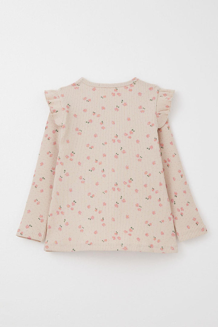 BRE Breeze Girl Child Leggings Set with Flower Patterned Frilly Shoulders 2-6 Years, Beige - Columbus
