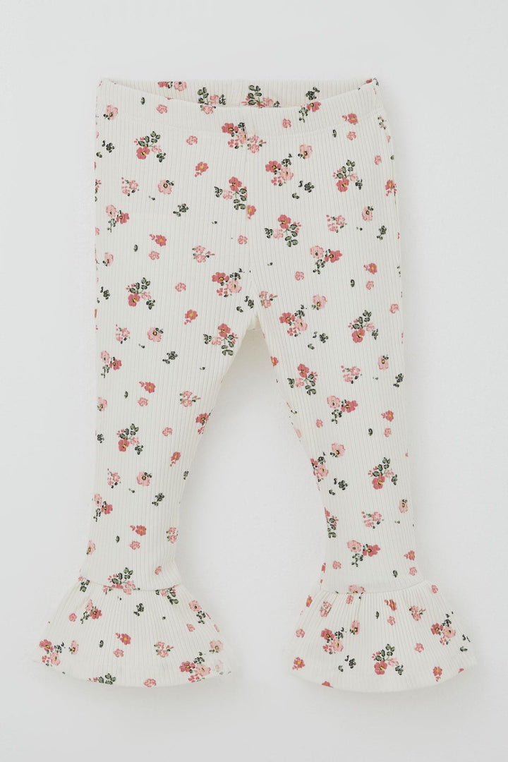 BRE Breeze Girl Child Leggings Set with Flower Patterned Hem Ruffle Detail 3-7 Years, Beige - Oro Valley