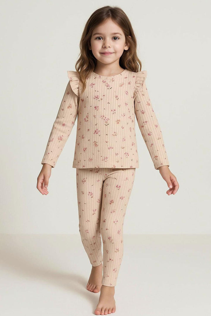 BRE Breeze Girl Child Leggings Set with Flower Patterned Ruffled Shoulder Detail, 2-6 Years, Powder - Kissimmee