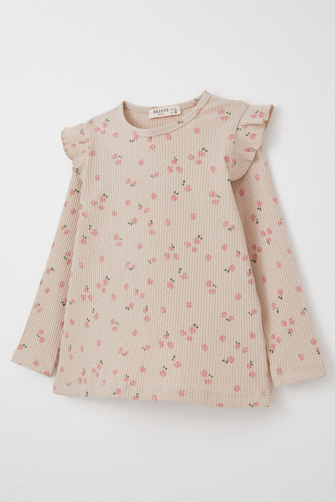 BRE Breeze Girl Child Leggings Set with Flower Patterned Frilly Shoulders 2-6 Years, Beige - Columbus