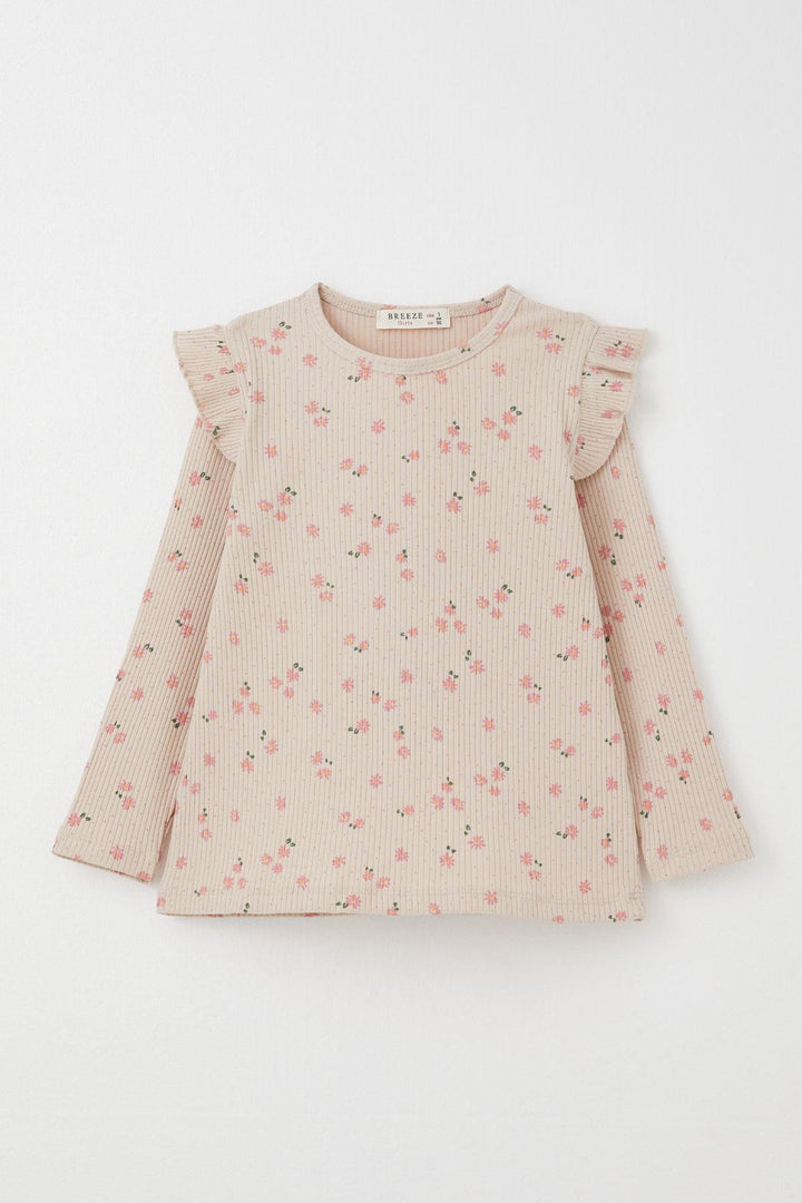 BRE Breeze Girl Child Leggings Set with Flower Patterned Frilly Shoulders 2-6 Years, Beige - Columbus