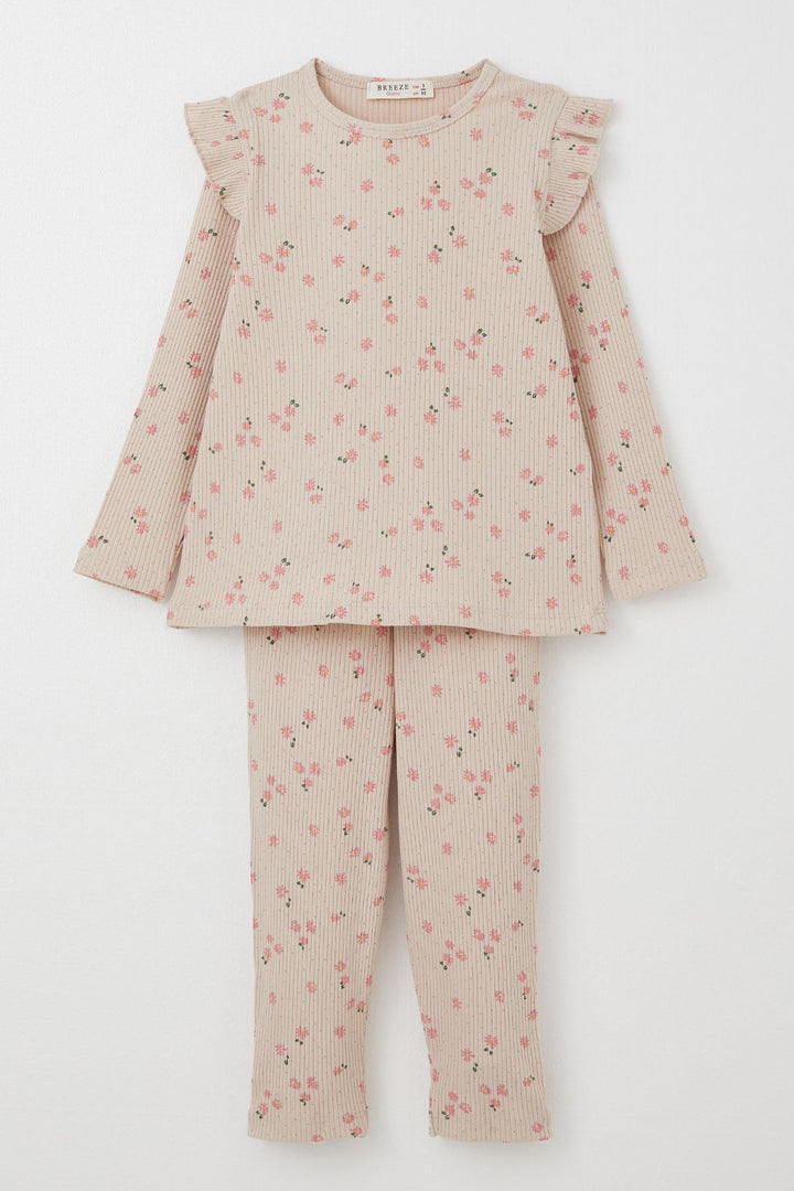 BRE Breeze Girl Child Leggings Set with Flower Patterned Frilly Shoulders 2-6 Years, Beige - Columbus
