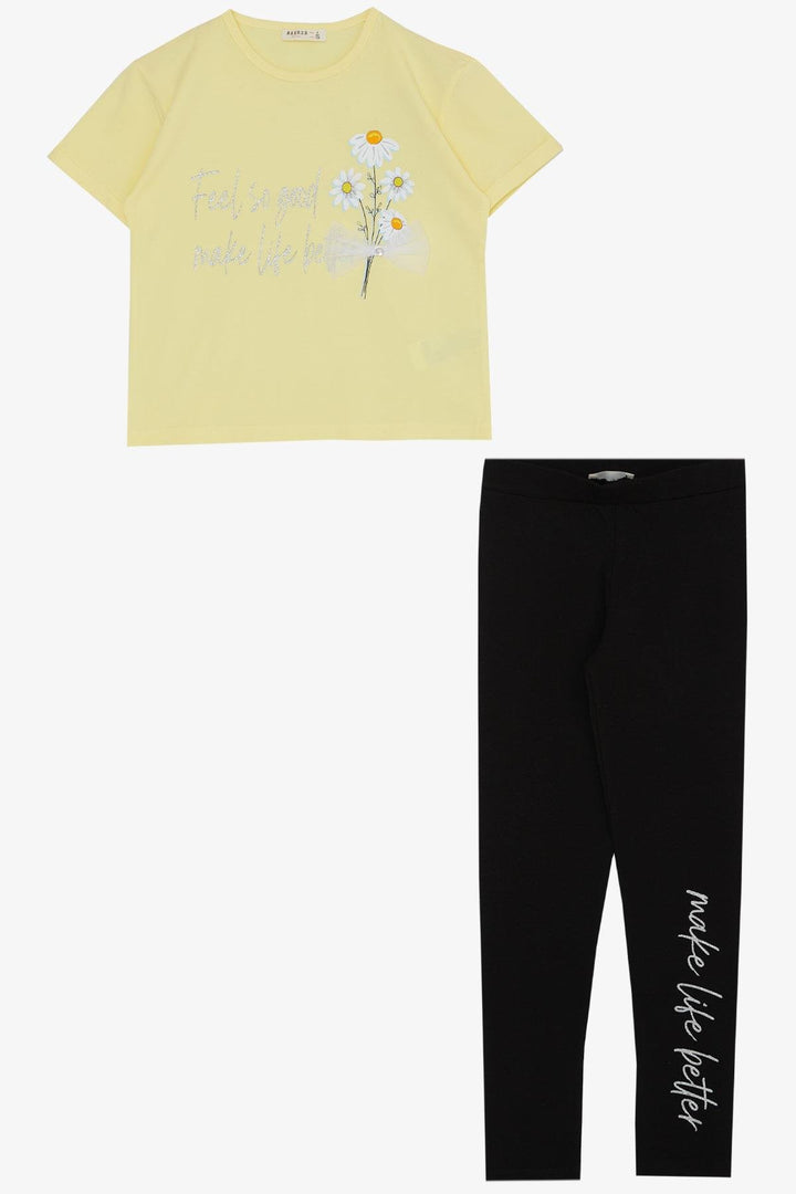 BRE Breeze Girl Child Legging Set Flower & Text Printed with Bow 50 Years, Yellow - Falls