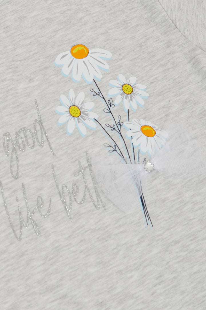 BRE Breeze Girl's Legging Set Flower & Text Printed with Bow 50 Years, Light Grey Melange - Playa del Carmen
