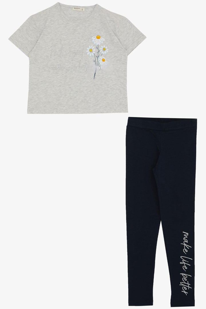 BRE Breeze Girl's Legging Set Flower & Text Printed with Bow 50 Years, Light Grey Melange - Playa del Carmen