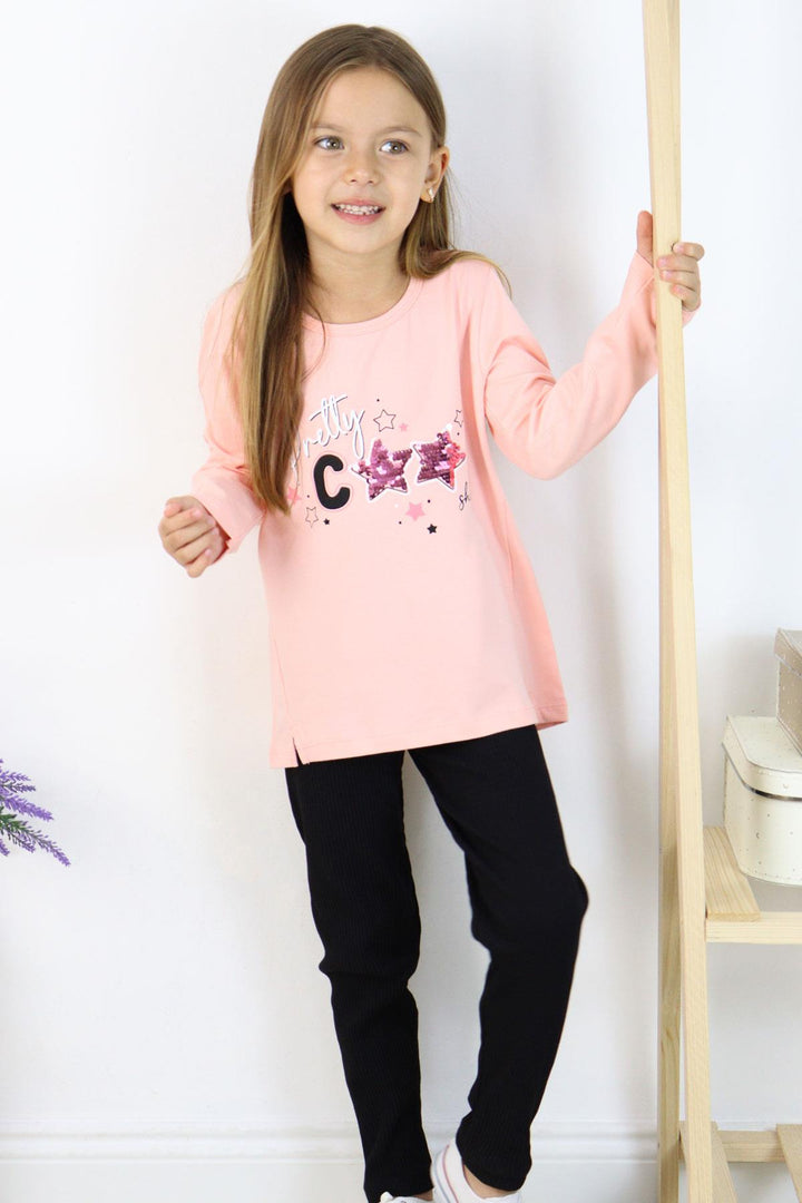 BRE Breeze Girl Child Leggings Set Collar Printed Sequined 3-8 Years, Salmon - Topeka