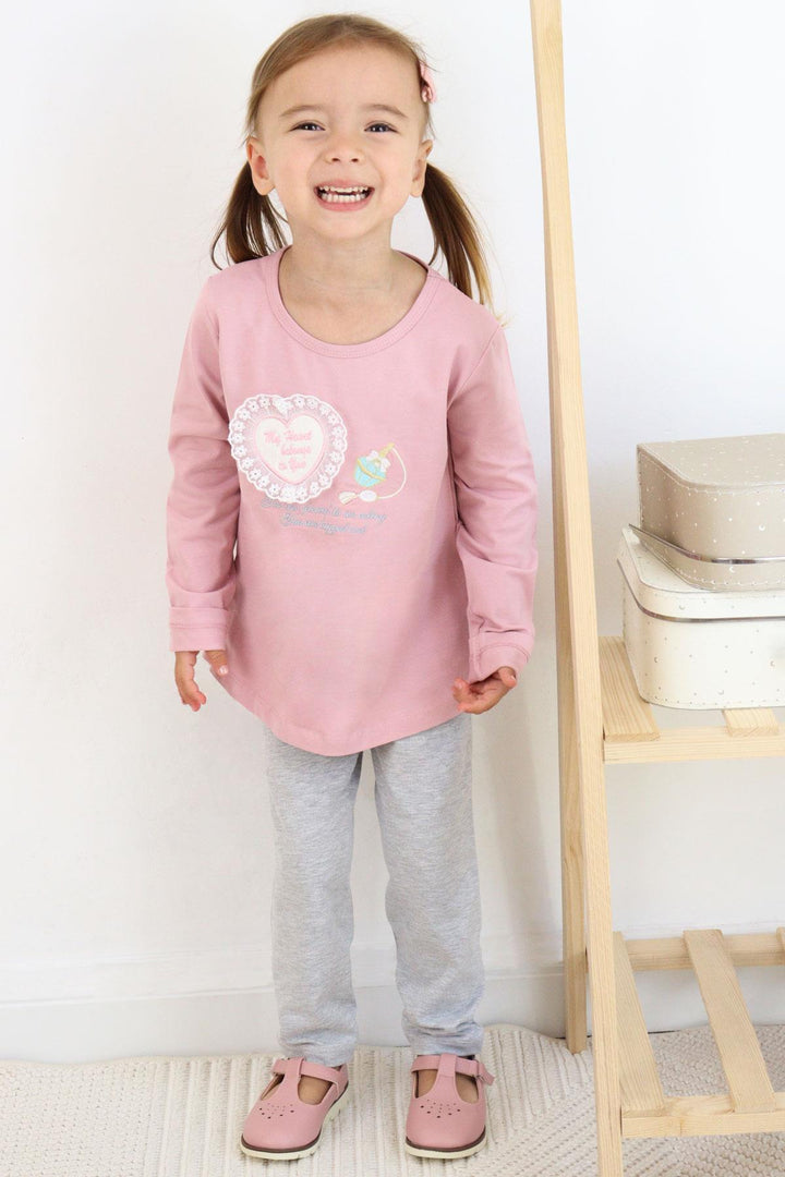 BRE Breeze Girl Child Leggings Set Perfume Bottle Embroidered Lace Heart Printed 1.5-5 Years, Rose Pink - Valence