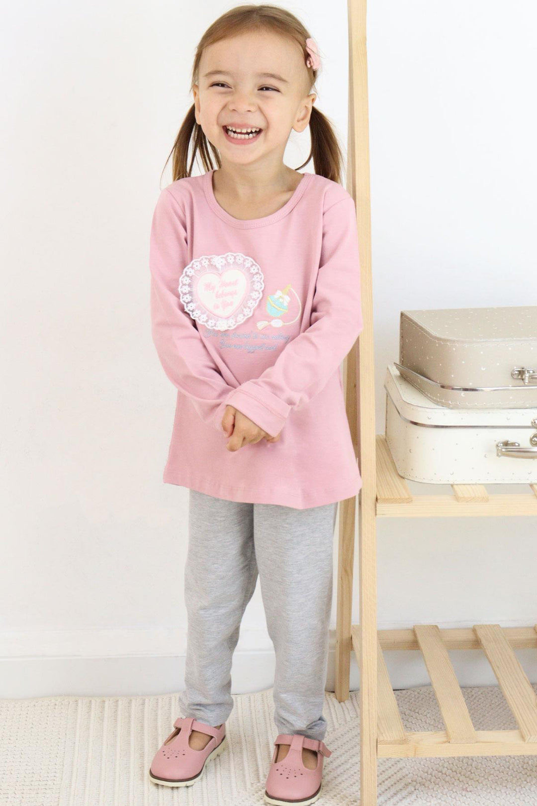 BRE Breeze Girl Child Leggings Set Perfume Bottle Embroidered Lace Heart Printed 1.5-5 Years, Rose Pink - Valence