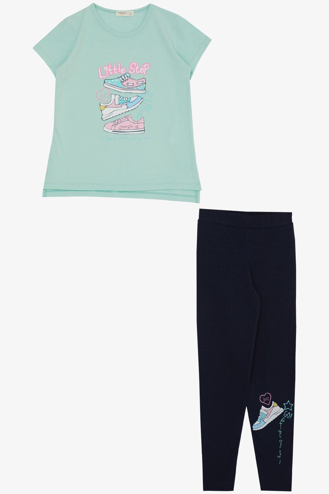 BRE Breeze Girl's Leggings Set with Colorful Shoe Print, 50 Years, Aqua Green - Wels