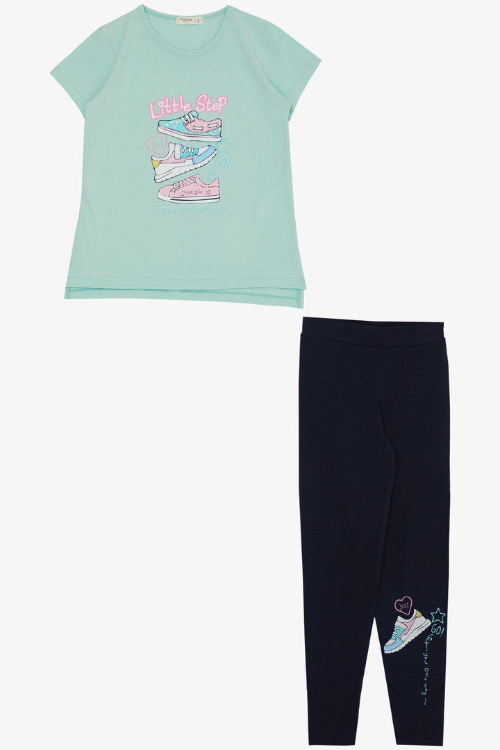 BRE Breeze Girl's Leggings Set with Colorful Shoe Print, 50 Years, Aqua Green - Wels