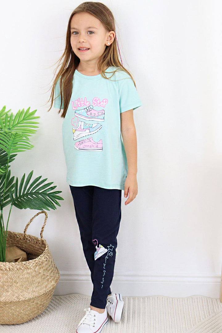 BRE Breeze Girl's Leggings Set with Colorful Shoe Print, 50 Years, Aqua Green - Wels