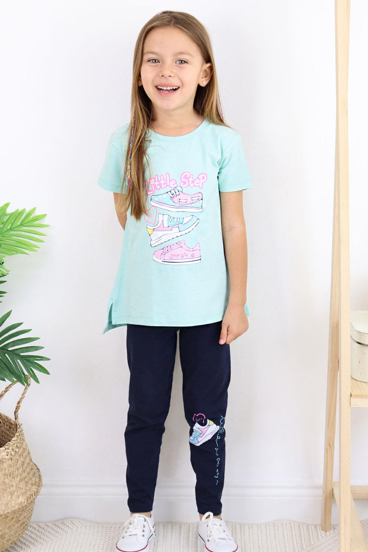 BRE Breeze Girl's Leggings Set with Colorful Shoe Print, 50 Years, Aqua Green - Wels