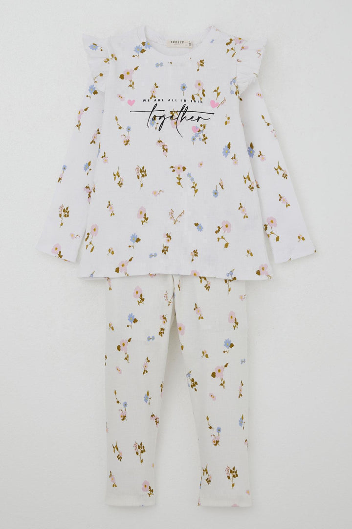 BRE Breeze Girl Child Leggings Set Colorful Flower Patterned Ruffled Shoulder 2-6 Years, White - Nettuno
