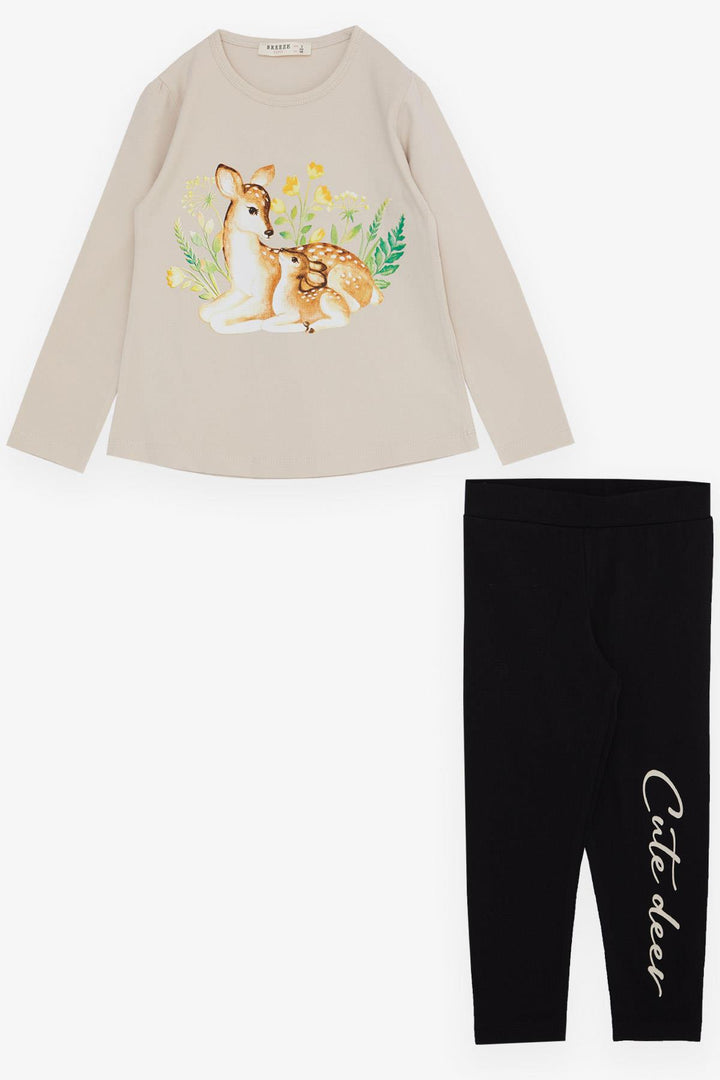 BRE Breeze Girl Child Leggings Set Love Themed Mother & Baby Deer Printed 2-6 Years, Beige - Clermont