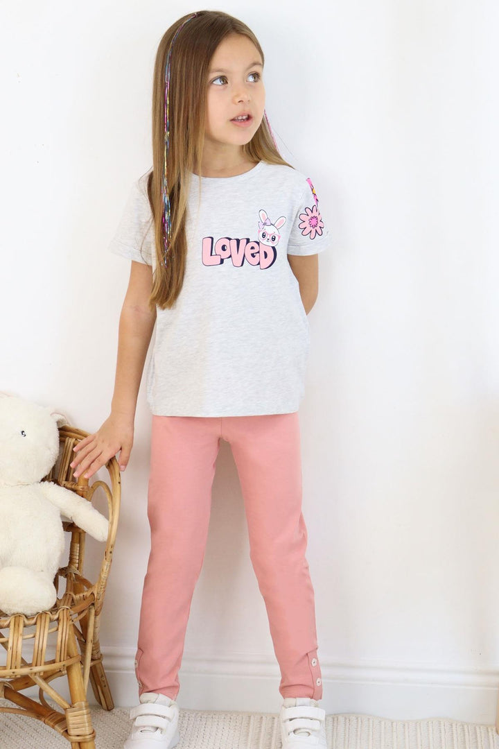 BRE Breeze Girl's Legging Set Love Themed Bunny Printed 4-8 Years, Light Grey Melange - Andújar