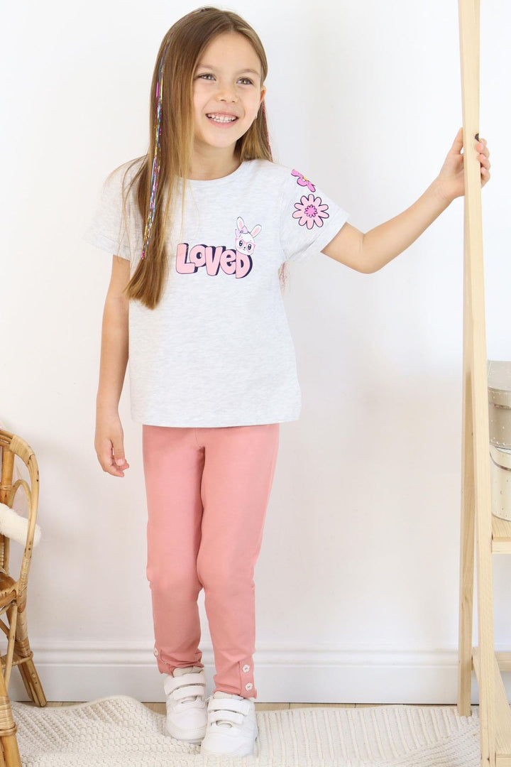 BRE Breeze Girl's Legging Set Love Themed Bunny Printed 4-8 Years, Light Grey Melange - Andújar