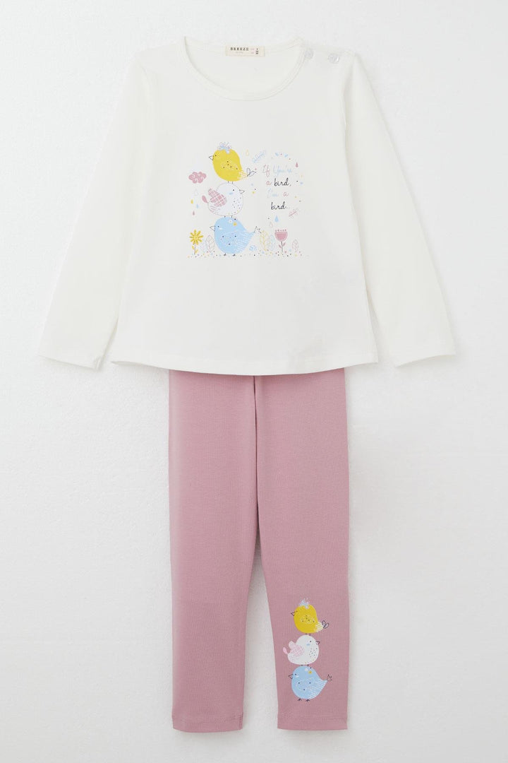 BRE Breeze Girl Child Legging Set Cute Colorful Bird Printed 1.5-5 Years, Ecru - Worksop