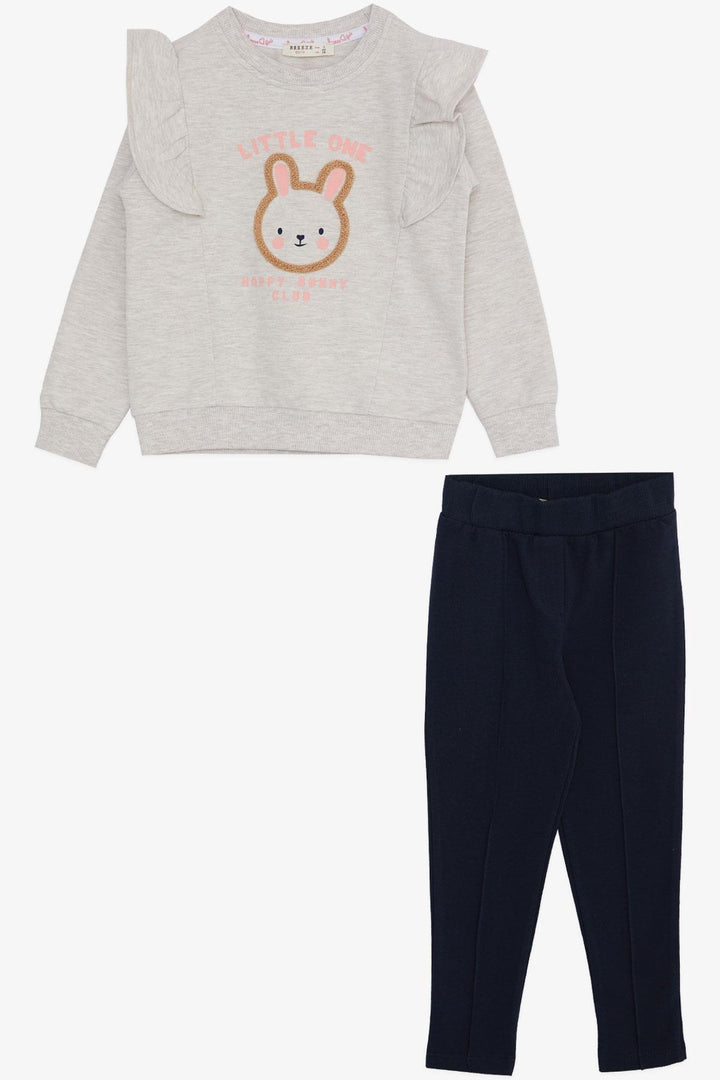 BRE Breeze Girl Child Leggings Set Cute Bunny Embroidered Frilly Shoulder 2-6 Years, Beige Melange - Alameda