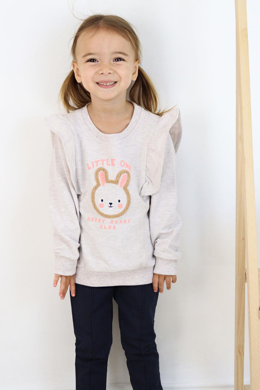 BRE Breeze Girl Child Leggings Set Cute Bunny Embroidered Frilly Shoulder 2-6 Years, Beige Melange - Alameda
