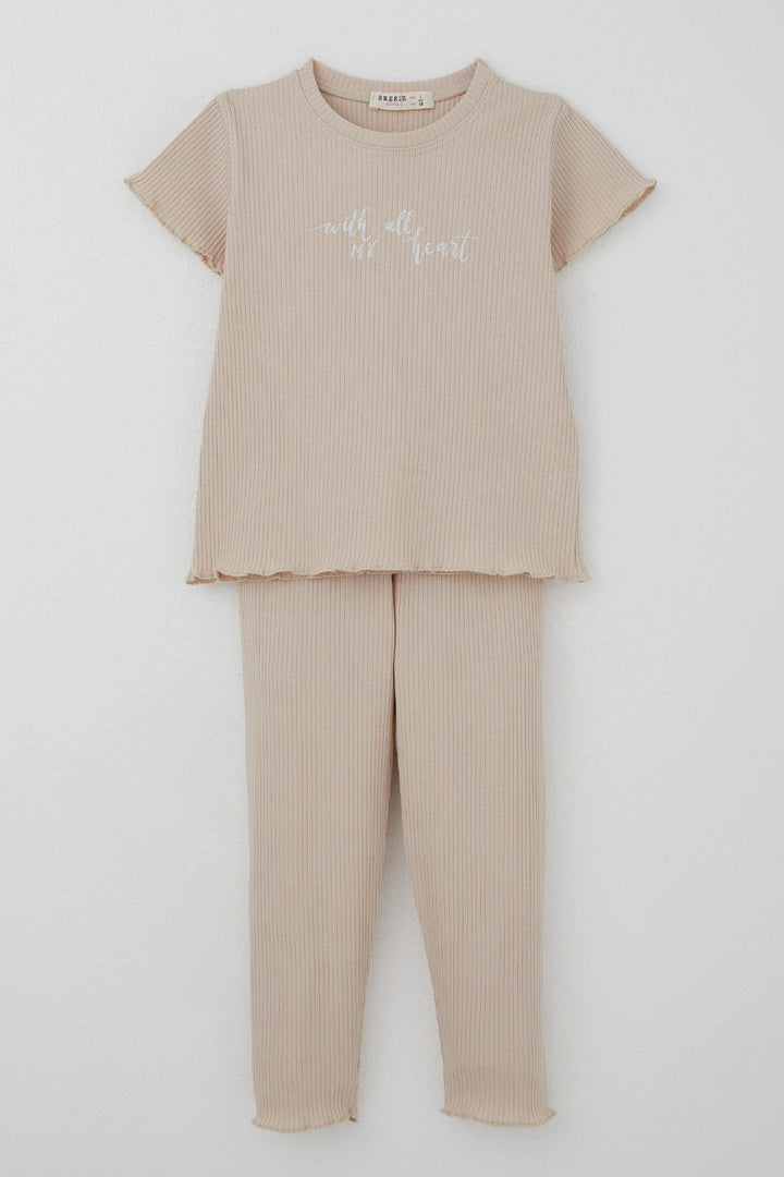 BRE Breeze Girl Child Leggings Set with Shiny Text Print, 1.5-5 Years, Beige - Horad Zhodzina