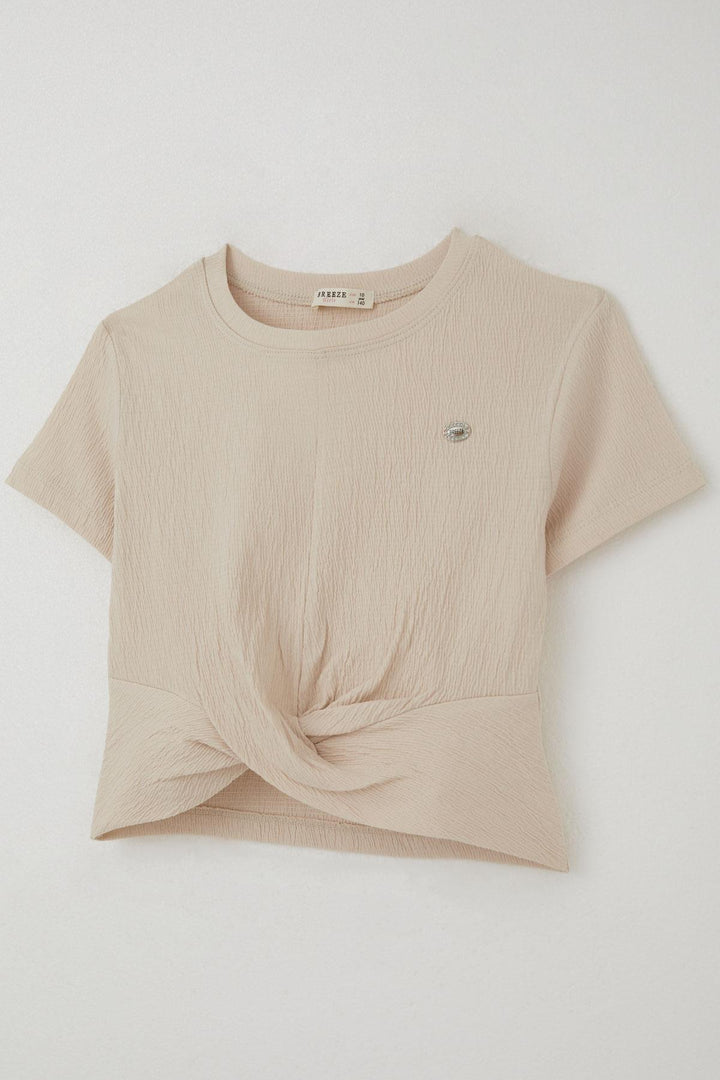 BRE Breeze Girl's T-Shirt with Arm Logo and Decollete Detail on the Belly Part, 96 Years, Beige - Tenancingo