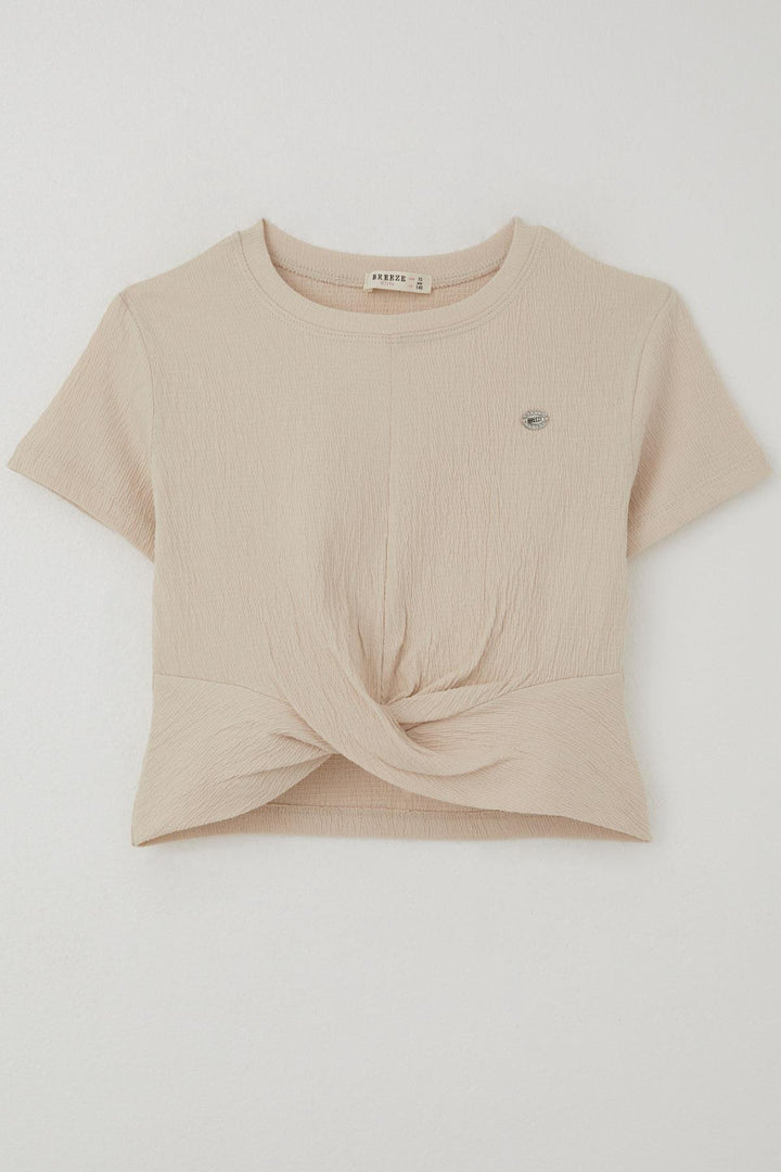 BRE Breeze Girl's T-Shirt with Arm Logo and Decollete Detail on the Belly Part, 96 Years, Beige - Tenancingo