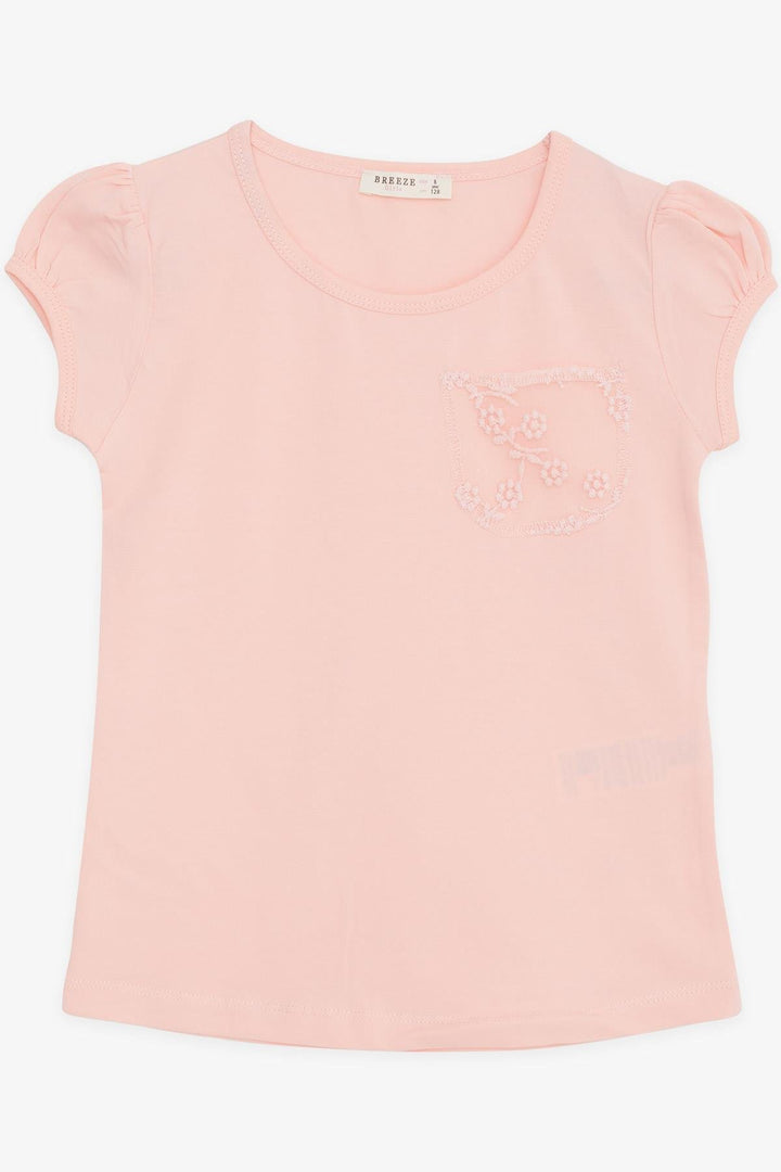 BRE Breeze Girl's T-Shirt Pocket Tulle Flower Embroidered 4-9 Years, Salmon - Granollers
