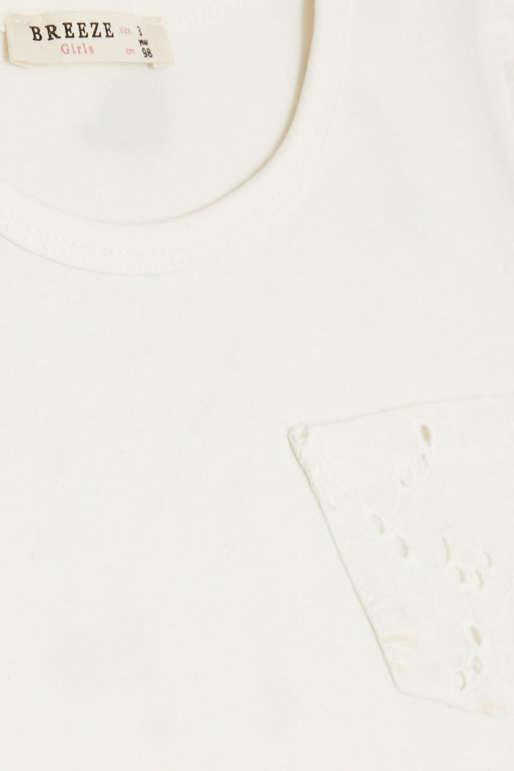 BRE Breeze Girl's T-Shirt with Pocket and Lace Detail, 3-7 Years, Beige - Kanata