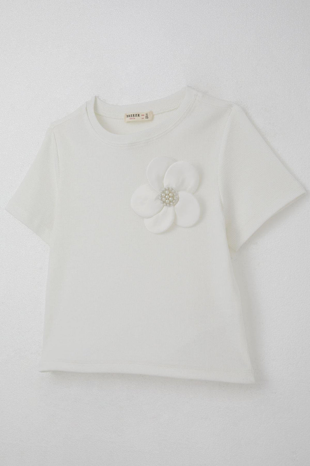 BRE Breeze Girl's T-shirt with Flower Accessories and Pearl Details, 94 Years, Ecru - Montclair
