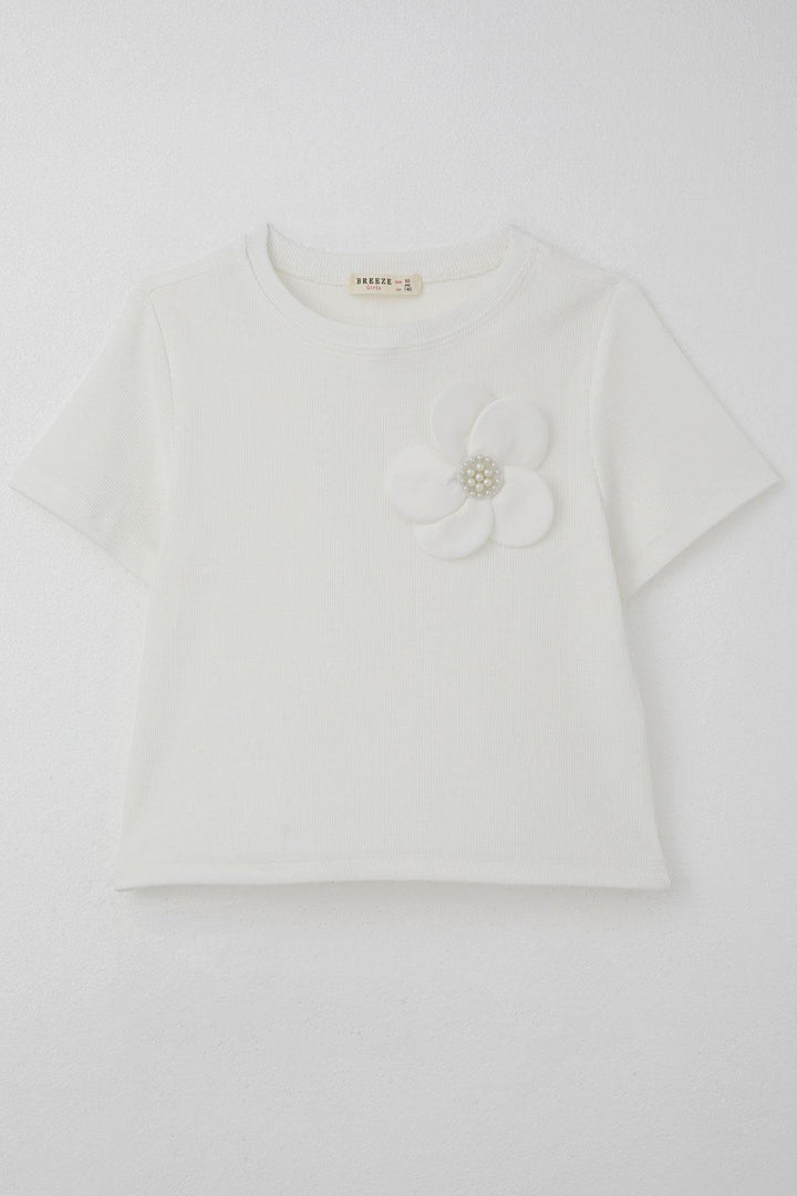 BRE Breeze Girl's T-shirt with Flower Accessories and Pearl Details, 94 Years, Ecru - Montclair