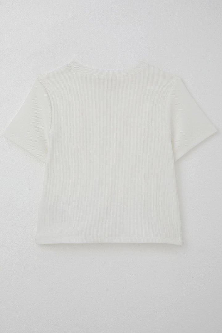 BRE Breeze Girl's T-shirt with Flower Accessories and Pearl Details, 94 Years, Ecru - Montclair