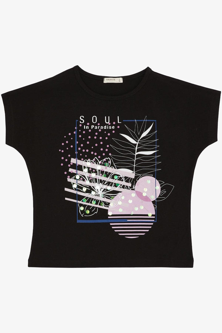 BRE Breeze Girl's T-shirt with Flower Print Sequins 106 Years, Black - Melito di Napoli