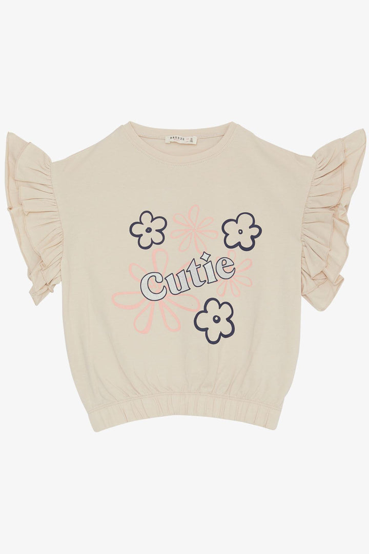 BRE Breeze Girl's T-shirt with Flower Print Ruffled Sleeves, 94 Years, Beige - Sarasota