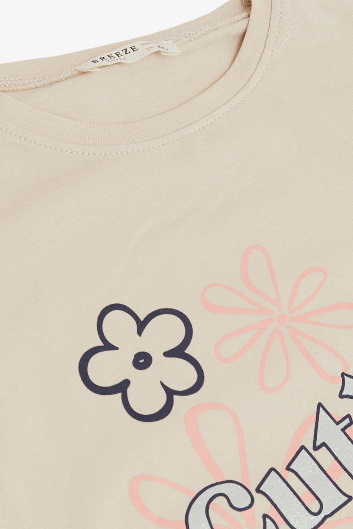 BRE Breeze Girl's T-shirt with Flower Print Ruffled Sleeves, 94 Years, Beige - Sarasota