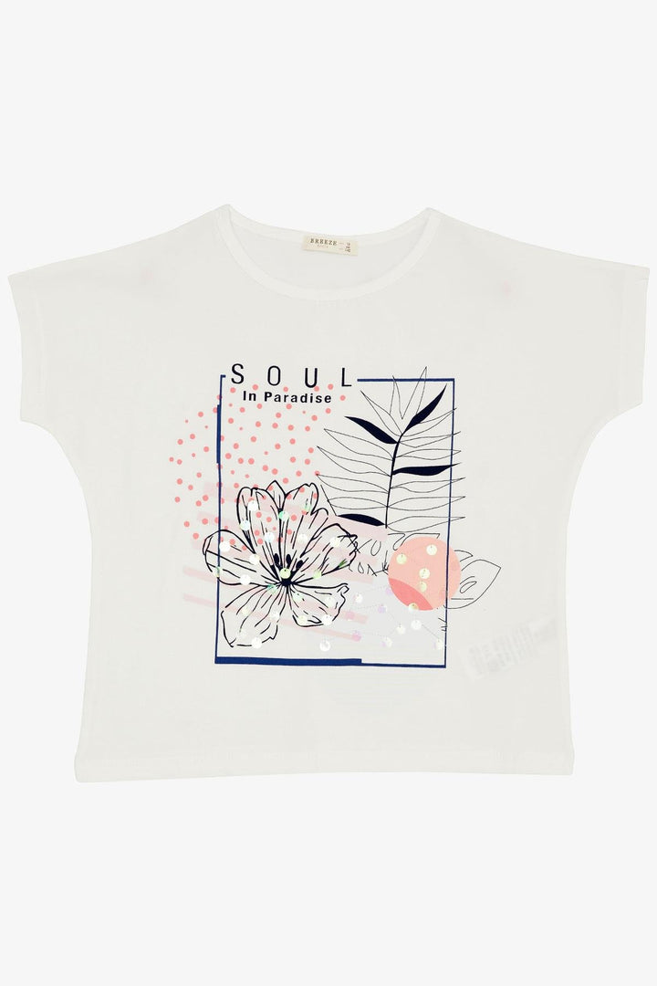 BRE Breeze Girl's T-shirt with Flower Print Sequins 106 Years, Ecru - Sintra