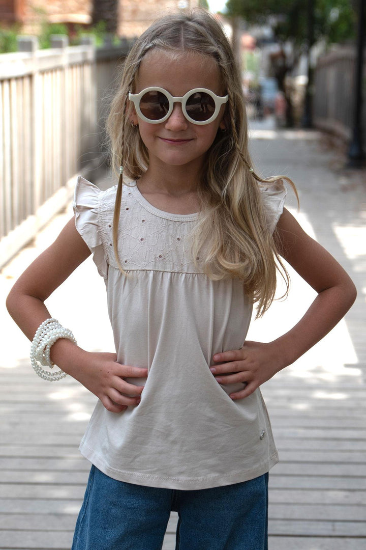 BRE Breeze Girl's T-shirt with Flower Embroidery, 4-8 Years, Beige - Clifton
