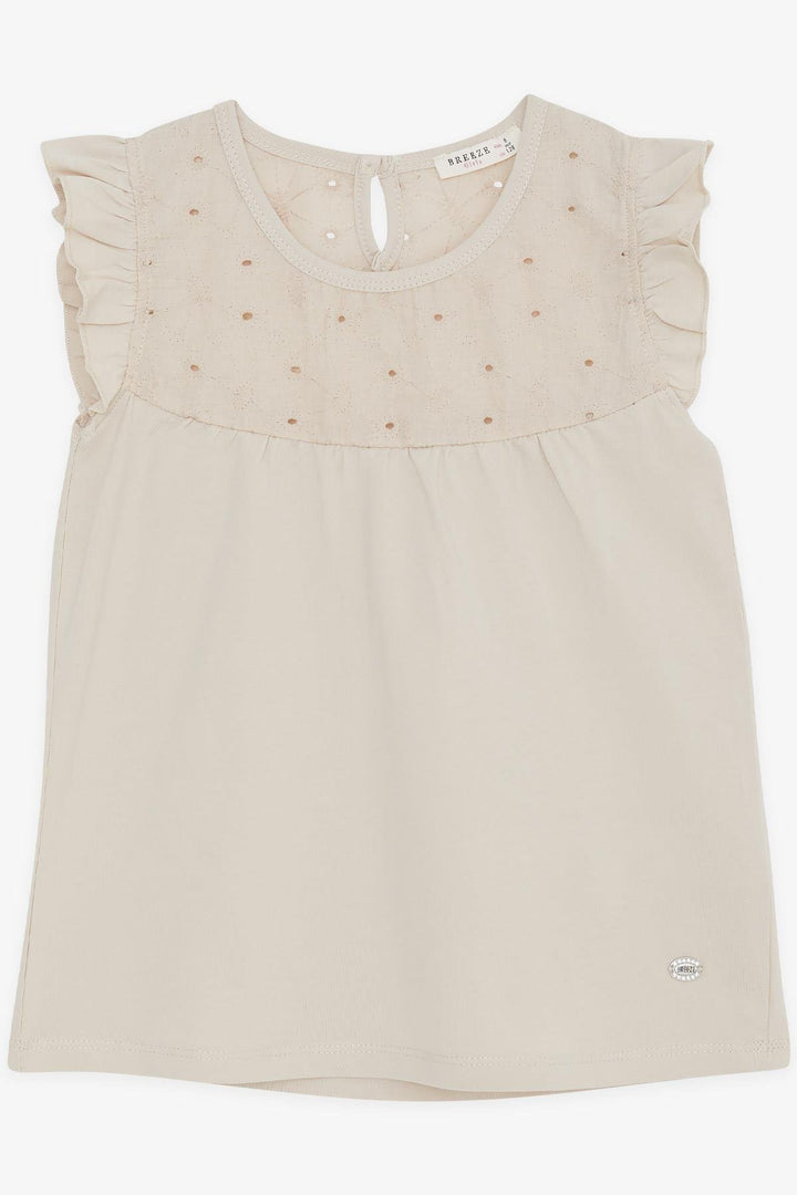 BRE Breeze Girl's T-shirt with Flower Embroidery, 4-8 Years, Beige - Clifton