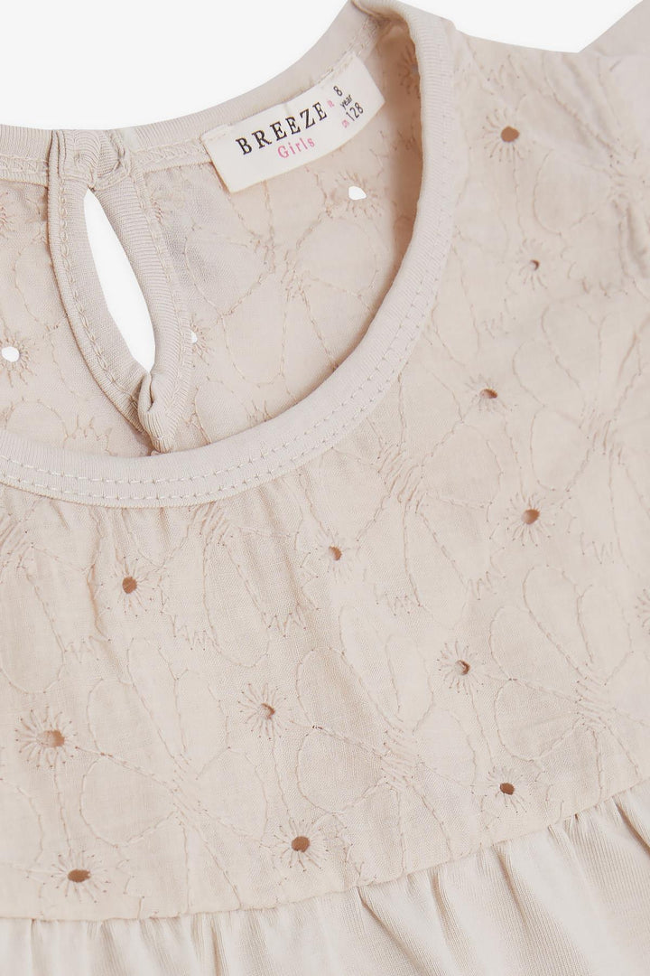 BRE Breeze Girl's T-shirt with Flower Embroidery, 4-8 Years, Beige - Clifton