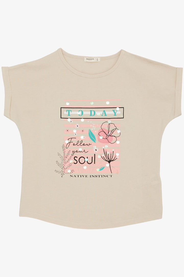 BRE Breeze Girl's T-shirt Flower & Text Printed Sequined 94 Years, Beige - Michigan City