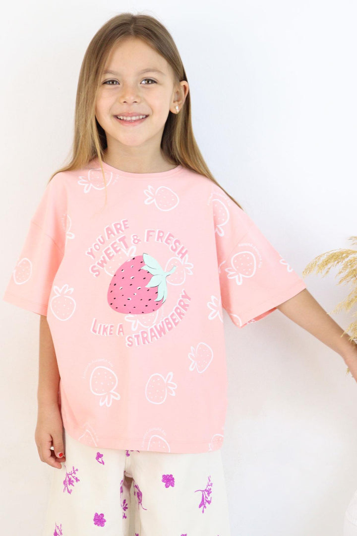BRE Breeze Girl's T-shirt Crop Strawberry & Text Printed 62 Years, Salmon - San Marcos